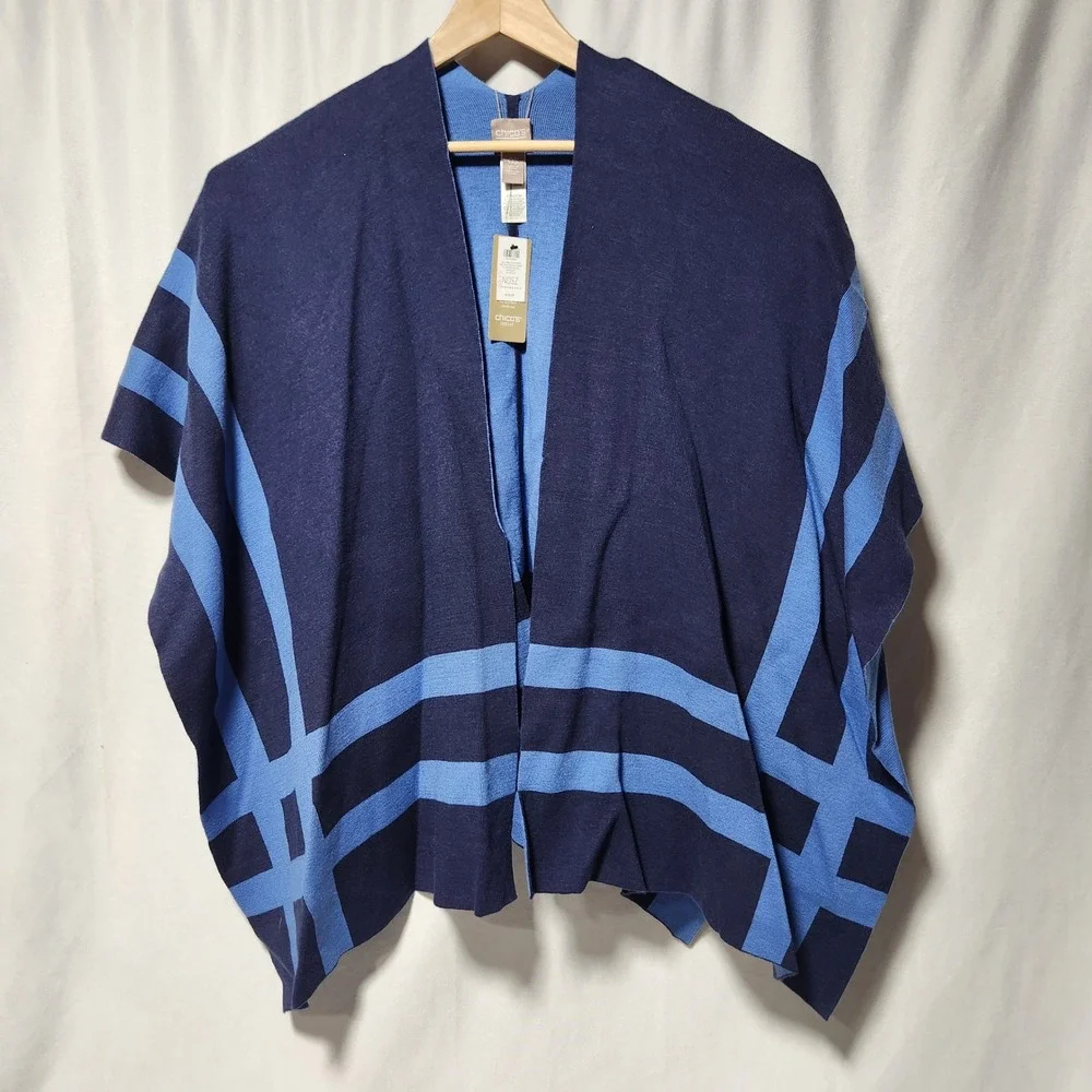 Chicos Reversible Colorblock Stripe Knit‎ Ruana Wrap Midnight Blue OS NWT